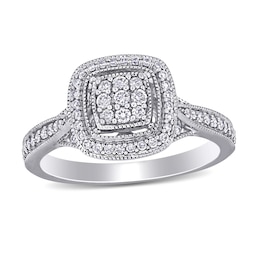 0.33 CT. T.W. Composite Diamond Cushion Frame Vintage-Style Engagement Ring in 10K White Gold