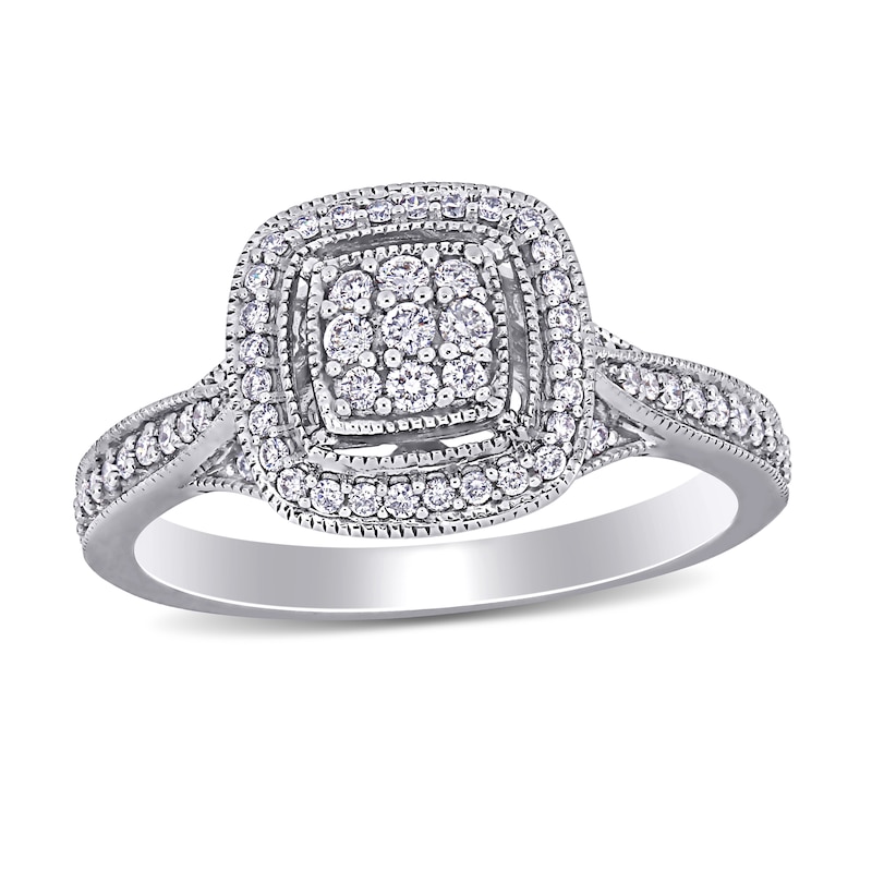 0.33 CT. T.W. Composite Diamond Cushion Frame Vintage-Style Engagement Ring in 10K White Gold
