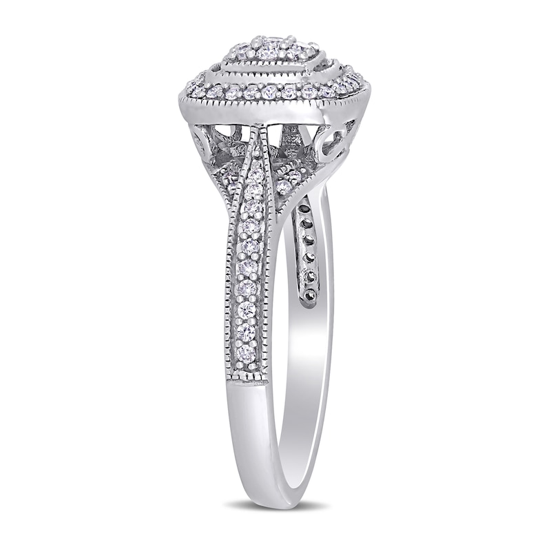 Main Image 3 of 0.33 CT. T.W. Composite Diamond Cushion Frame Vintage-Style Engagement Ring in 10K White Gold