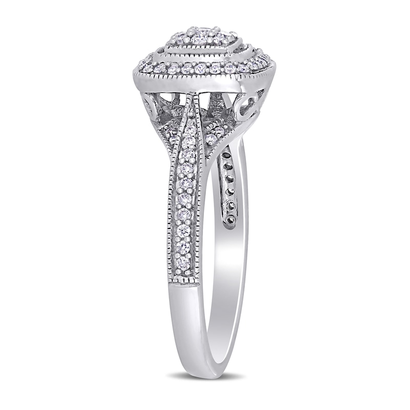 0.33 CT. T.W. Composite Diamond Cushion Frame Vintage-Style Engagement Ring in 10K White Gold