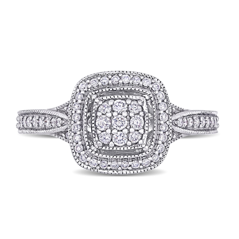 0.33 CT. T.W. Composite Diamond Cushion Frame Vintage-Style Engagement Ring in 10K White Gold