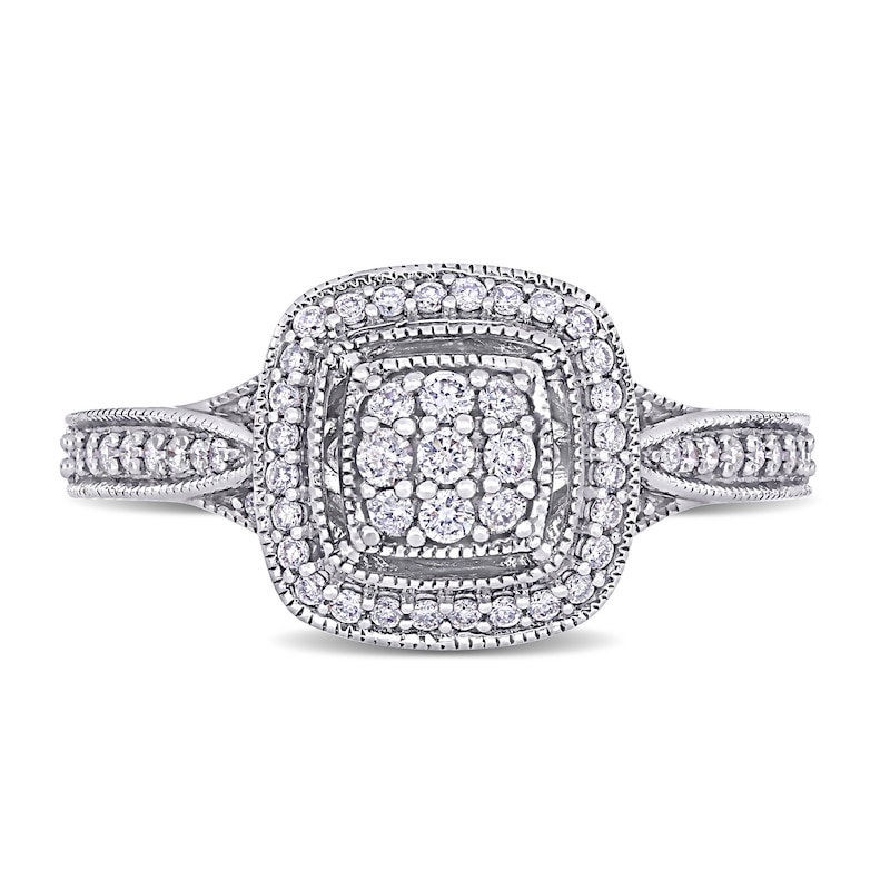Main Image 4 of 0.33 CT. T.W. Composite Diamond Cushion Frame Vintage-Style Engagement Ring in 10K White Gold