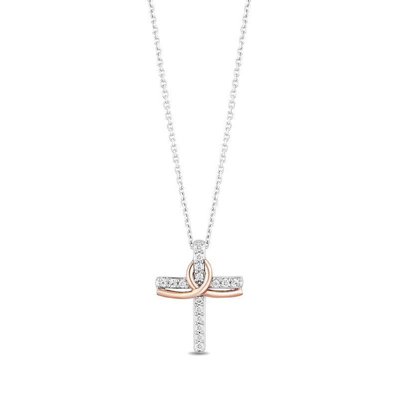 Hallmark Diamonds Faith 0.10 CT. T.W. Diamond Cross Pendant in Sterling Silver and 10K Rose Gold