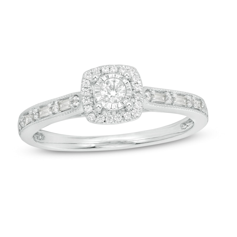 0.23 CT. T.W. Baguette and Round Diamond Cushion Frame Vintage-Style Promise Ring in 10K White Gold