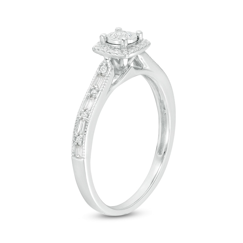 0.23 CT. T.W. Baguette and Round Diamond Cushion Frame Vintage-Style Promise Ring in 10K White Gold