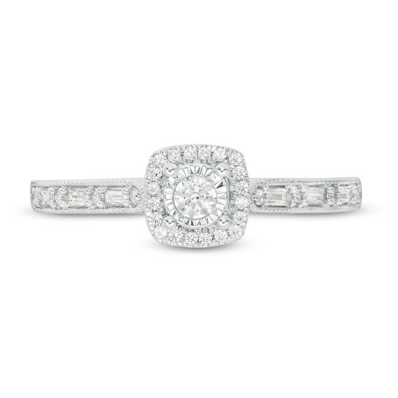 0.23 CT. T.W. Baguette and Round Diamond Cushion Frame Vintage-Style Promise Ring in 10K White Gold