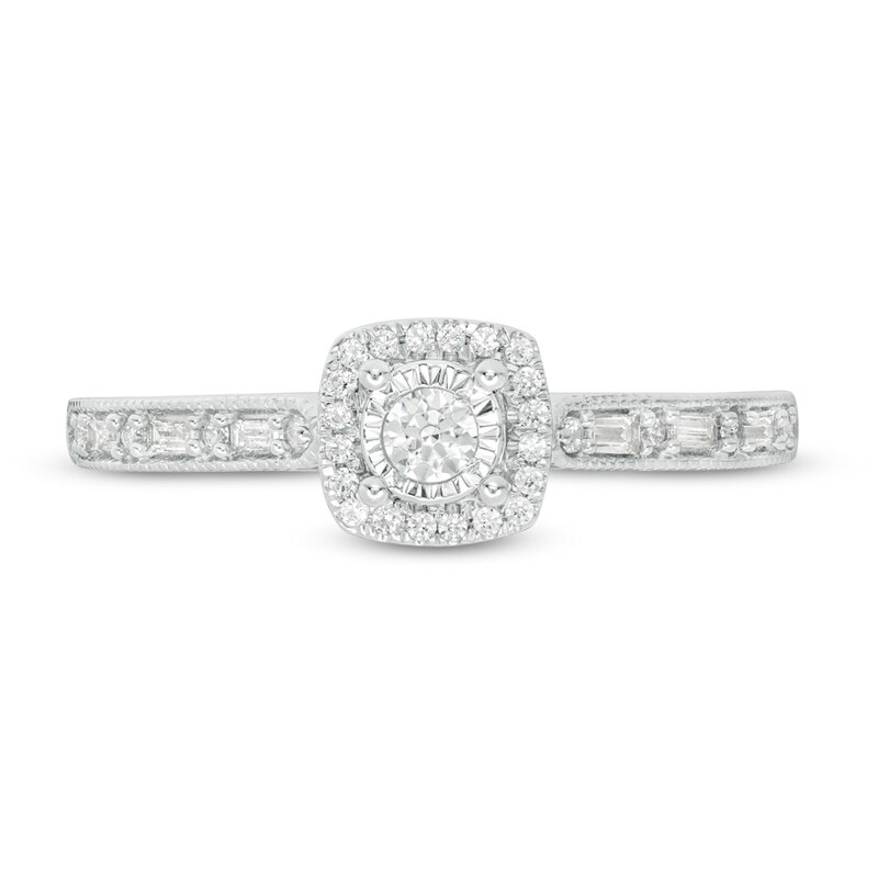 0.23 CT. T.W. Baguette and Round Diamond Cushion Frame Vintage-Style Promise Ring in 10K White Gold