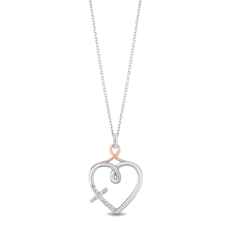 Hallmark Diamonds Faith 0.04 CT. T.W. Diamond Heart with Cross Pendant in Sterling Silver and 10K Rose Gold
