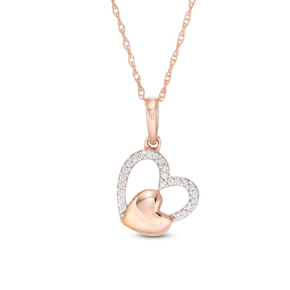 0.06 CT. T.W. Diamond Tilted Double Heart Pendant in 10K Rose Gold