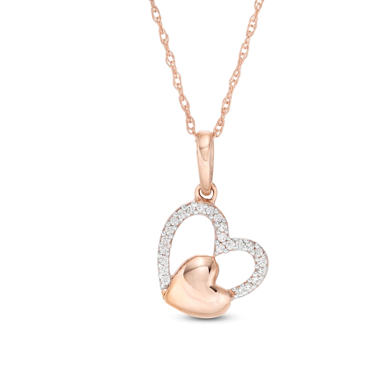 0.06 CT. T.W. Diamond Tilted Double Heart Pendant in 10K Rose Gold