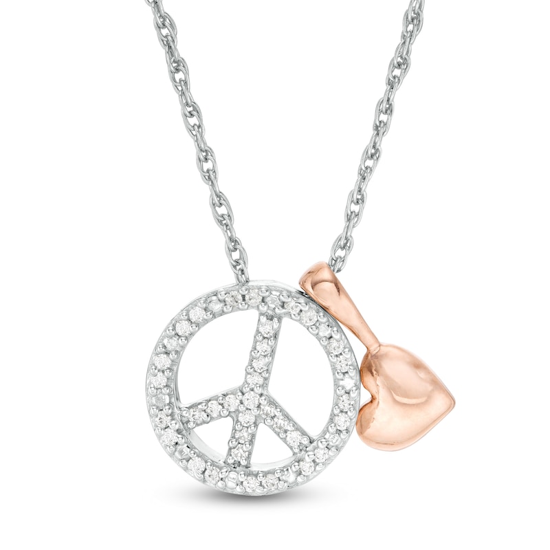 0.085 CT. T.W. Diamond Peace Sign and Puffed Heart Charm Pendant in Sterling Silver and 10K Rose Gold