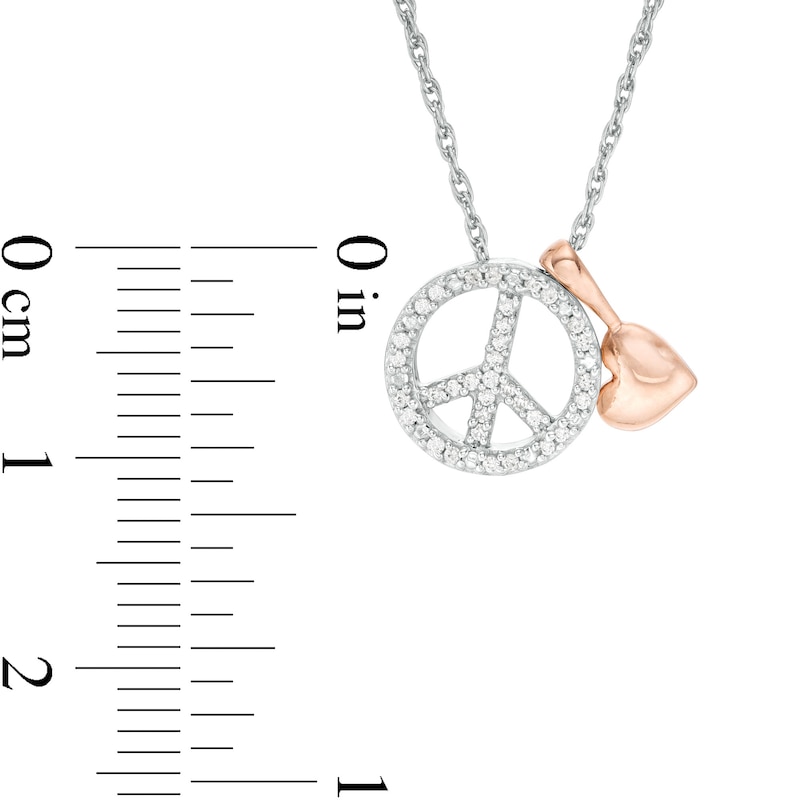 0.085 CT. T.W. Diamond Peace Sign and Puffed Heart Charm Pendant in Sterling Silver and 10K Rose Gold
