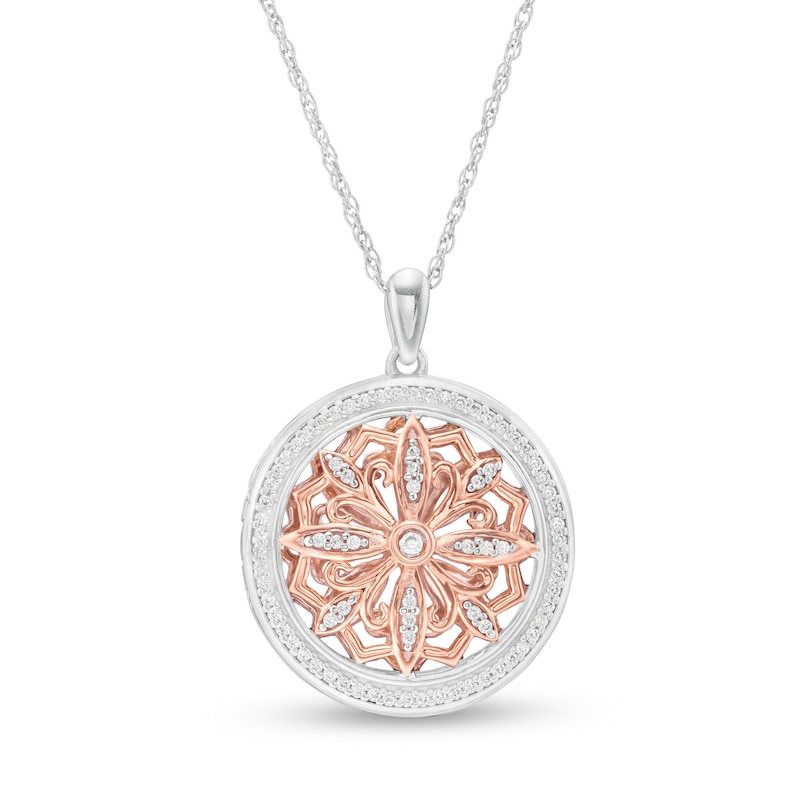 Main Image 1 of 0.23 CT. T.W. Diamond Ornate Flower Locket in Sterling Silver and 10K Rose Gold