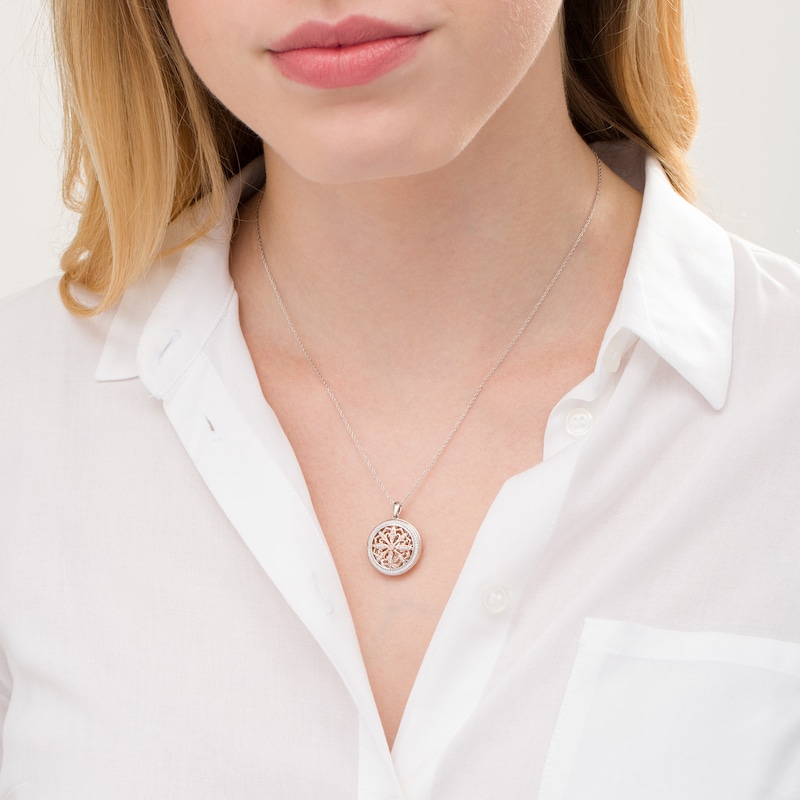 Main Image 2 of 0.23 CT. T.W. Diamond Ornate Flower Locket in Sterling Silver and 10K Rose Gold
