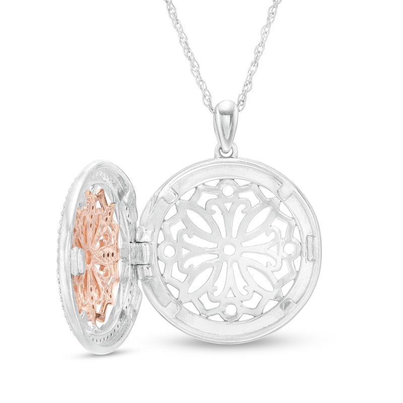 Main Image 3 of 0.23 CT. T.W. Diamond Ornate Flower Locket in Sterling Silver and 10K Rose Gold