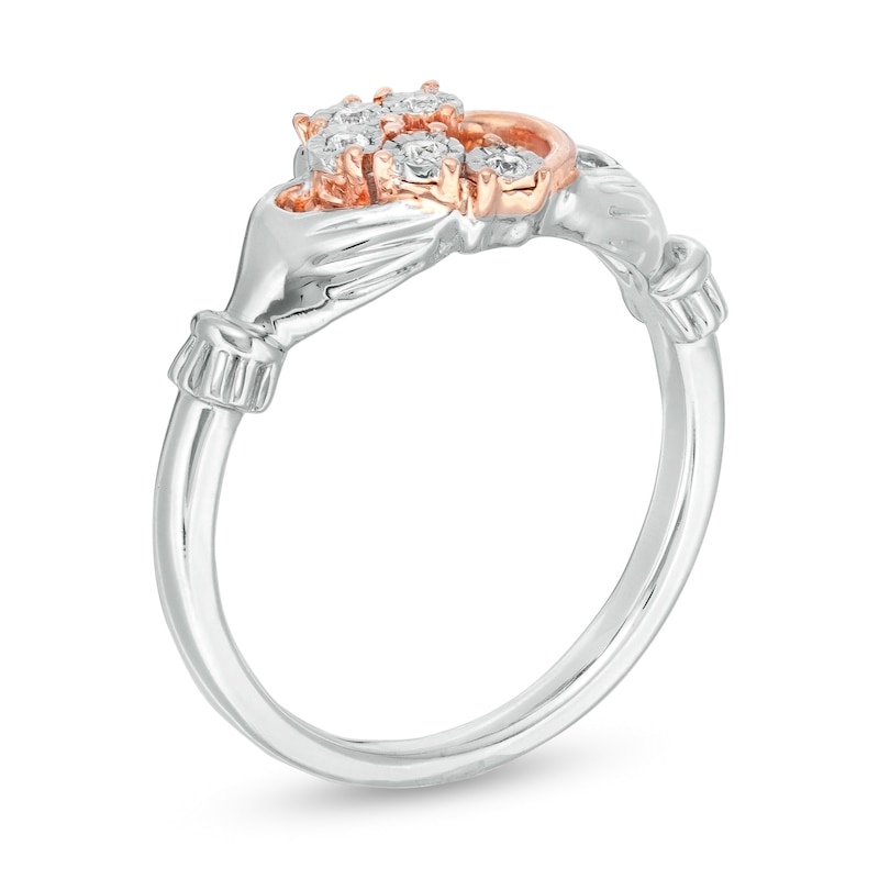 Main Image 3 of 0.04 CT. T.W. Diamond Claddagh Ring in Sterling Silver and 10K Rose Gold