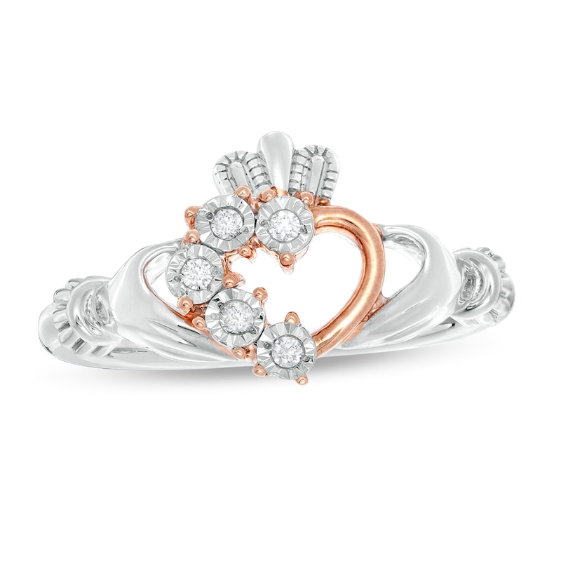 Main Image 4 of 0.04 CT. T.W. Diamond Claddagh Ring in Sterling Silver and 10K Rose Gold