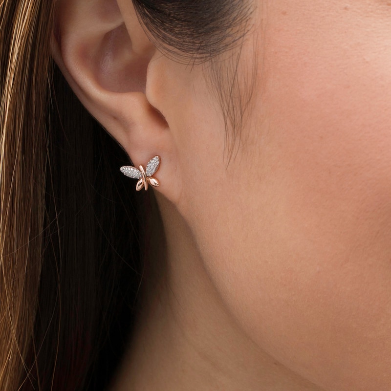 Main Image 2 of 0.14 CT. T.W. Diamond Butterfly Stud Earrings in 10K Rose Gold
