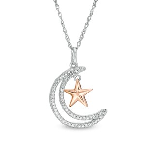 0.065 CT. T.W. Diamond Crescent Moon Outline with Star Pendant in Sterling Silver and 10K Rose Gold