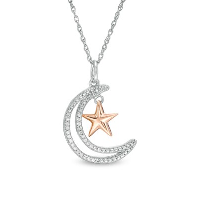 0.065 CT. T.W. Diamond Crescent Moon Outline with Star Pendant in Sterling Silver and 10K Rose Gold