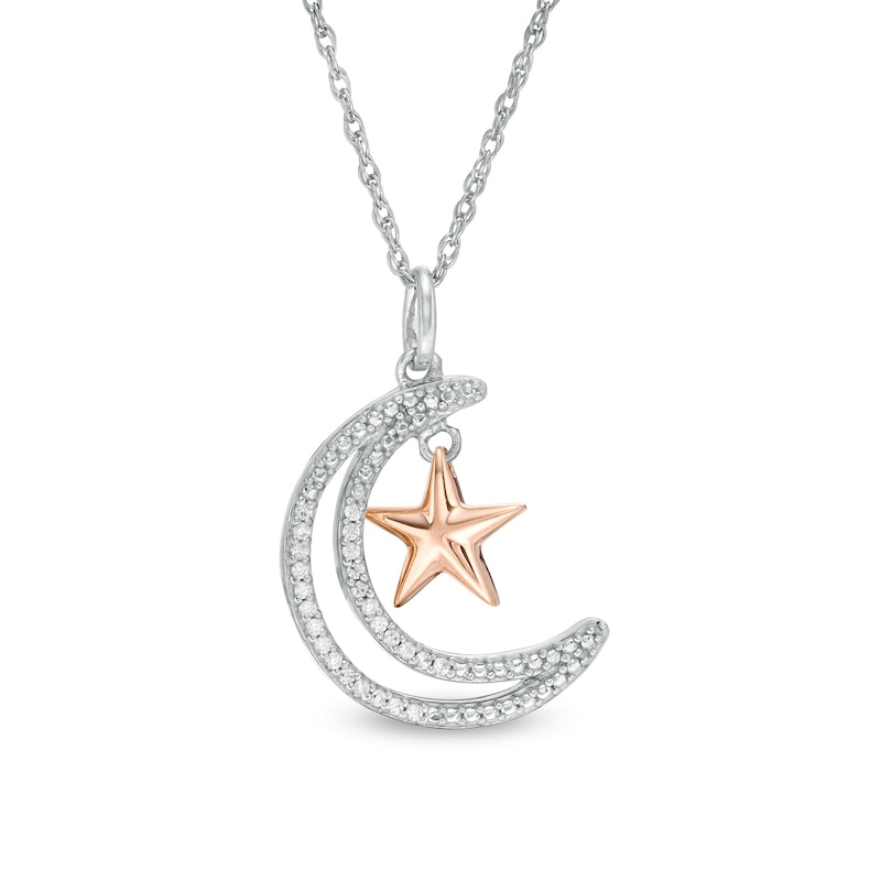 Main Image 1 of 0.065 CT. T.W. Diamond Crescent Moon Outline with Star Pendant in Sterling Silver and 10K Rose Gold