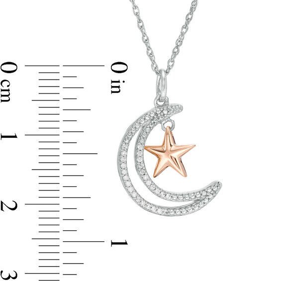 0.065 CT. T.W. Diamond Crescent Moon Outline with Star Pendant in Sterling Silver and 10K Rose Gold