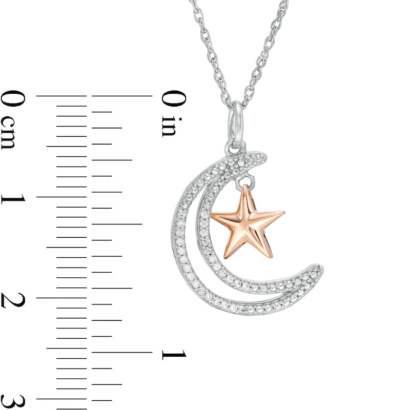 Main Image 3 of 0.065 CT. T.W. Diamond Crescent Moon Outline with Star Pendant in Sterling Silver and 10K Rose Gold