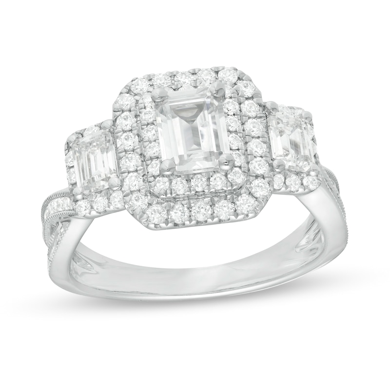 Main Image 1 of 2.00 CT. T.W. Emerald-Cut Diamond Past Present Future® Double Frame Twist Shank Engagement Ring in 14K White Gold
