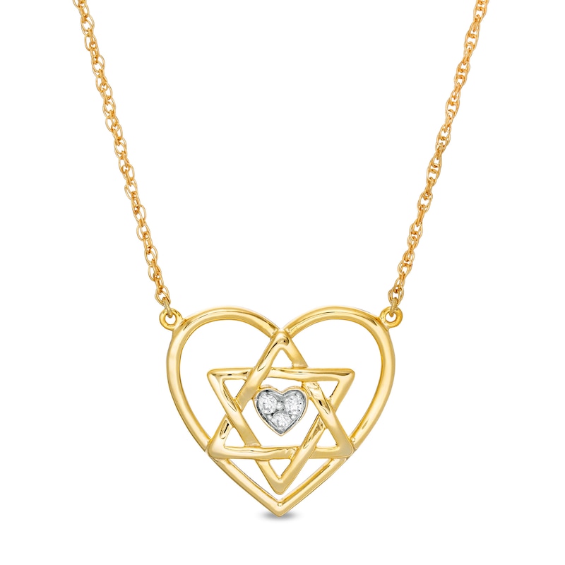 Diamond Accent Double Heart with Star of David Necklace in 10K Gold