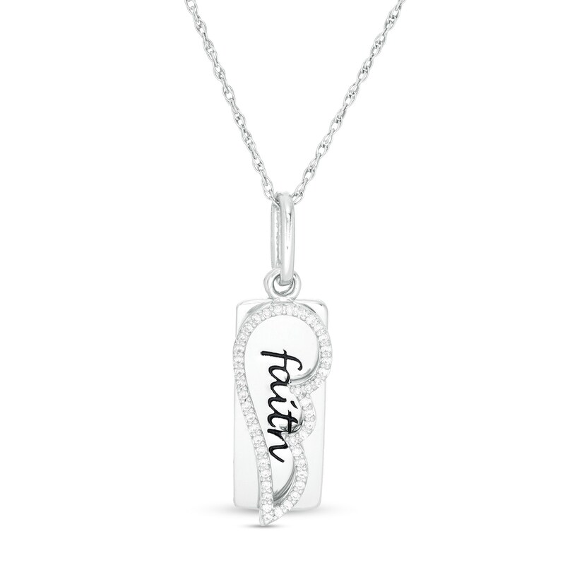 Main Image 1 of 0.088 CT. T.W. Diamond "faith" Dog Tag and Wing Outline Pendant in Sterling Silver