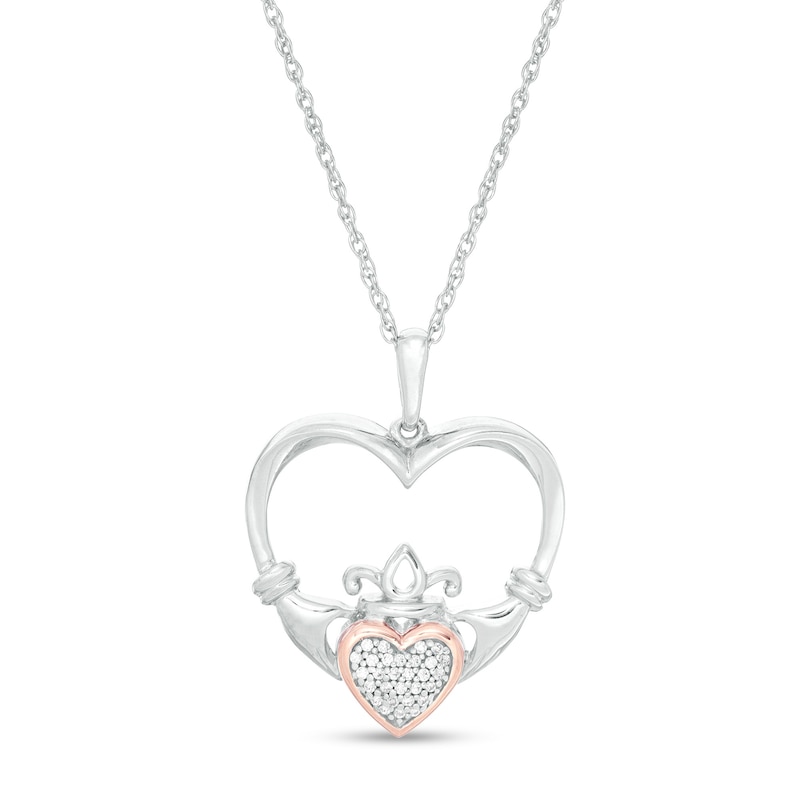 Main Image 1 of 0.04 CT. T.W. Composite Diamond Claddagh Heart Outline Pendant in Sterling Silver and 10K Rose Gold