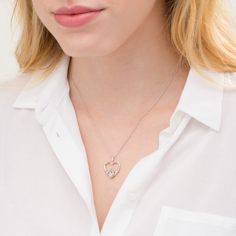 Main Image 2 of 0.04 CT. T.W. Composite Diamond Claddagh Heart Outline Pendant in Sterling Silver and 10K Rose Gold