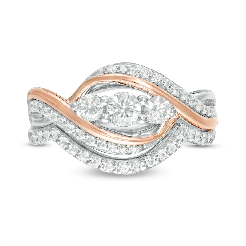 Main Image 4 of 0.58 CT. T.W. Diamond Three Stone Open Bypass Bridal Set in 10K Two-Tone Gold