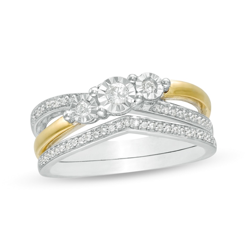 Main Image 1 of 0.23 CT. T.W. Diamond Three Stone Split Shank Bridal Set in Sterling Silver with 14K Gold Plate