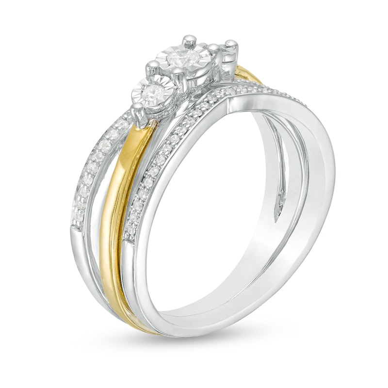 Main Image 3 of 0.23 CT. T.W. Diamond Three Stone Split Shank Bridal Set in Sterling Silver with 14K Gold Plate