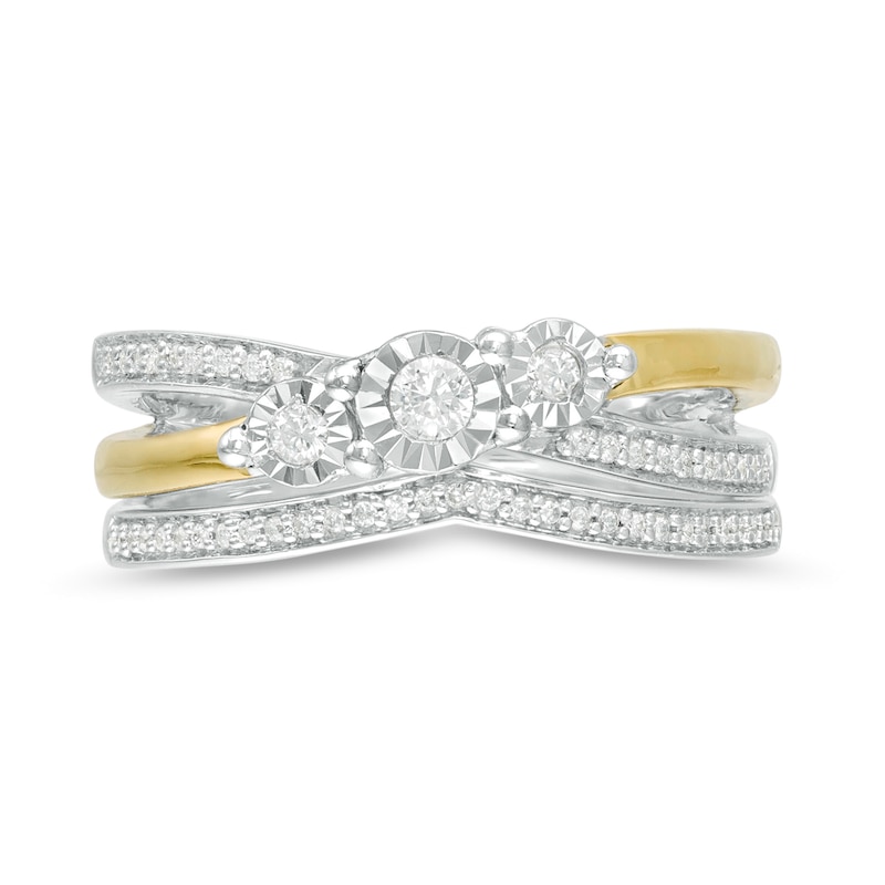 Main Image 4 of 0.23 CT. T.W. Diamond Three Stone Split Shank Bridal Set in Sterling Silver with 14K Gold Plate