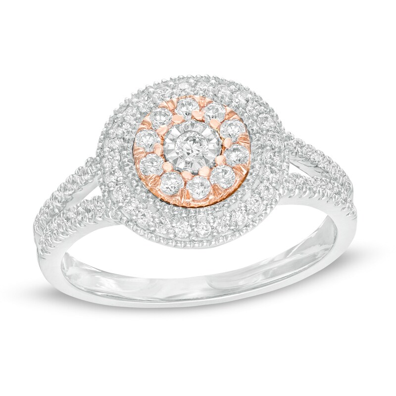 Main Image 1 of 0.45 CT. T.W. Diamond Double Frame Vintage-Style Split Shank Engagement Ring in 10K Two-Tone Gold