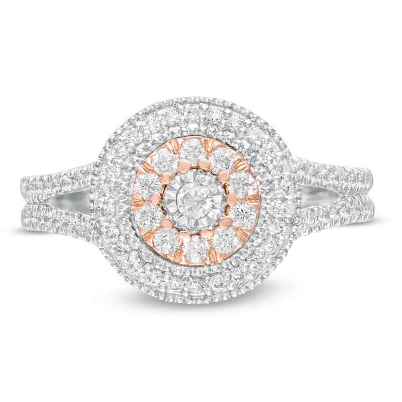 Main Image 4 of 0.45 CT. T.W. Diamond Double Frame Vintage-Style Split Shank Engagement Ring in 10K Two-Tone Gold