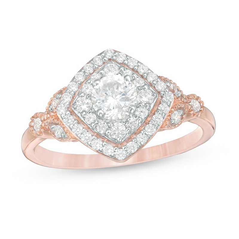 0.69 CT. T.W. Diamond Double Tilted Square Frame Vintage-Style Engagement Ring in 10K Rose Gold