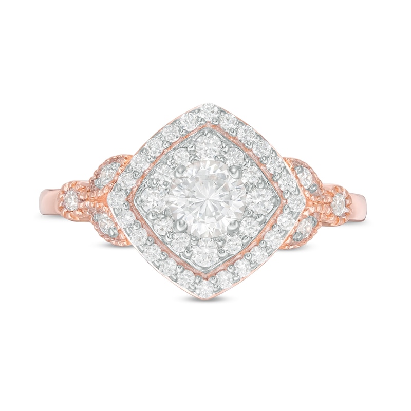 0.69 CT. T.W. Diamond Double Tilted Square Frame Vintage-Style Engagement Ring in 10K Rose Gold