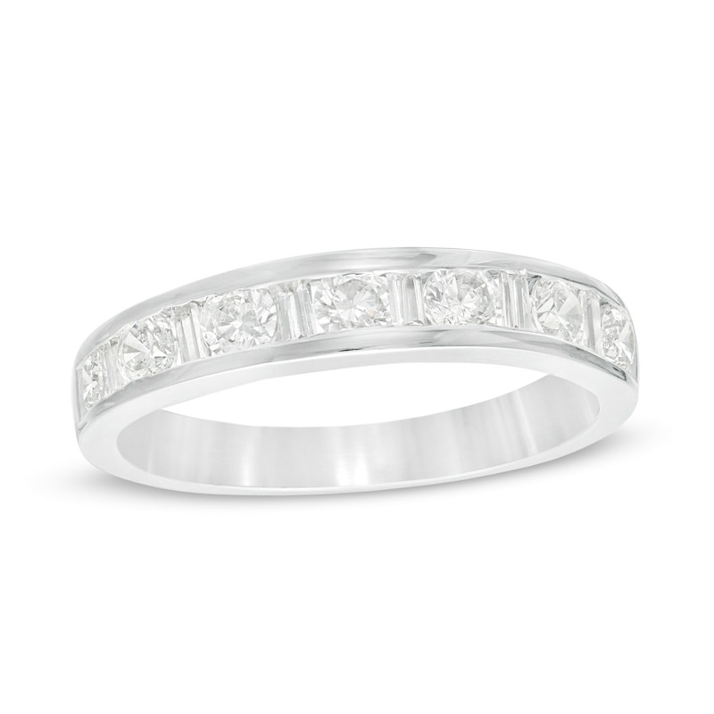 Main Image 1 of 0.75 CT. T.W. Baguette and Round Diamond Alternating Anniversary Band in 10K White Gold