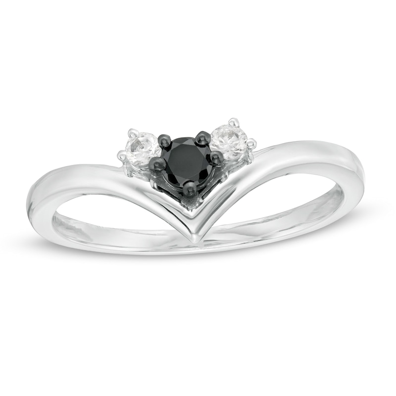 0.18 CT. T.W. Enhanced Black and White Diamond Three Stone Chevron Ring in Sterling Silver