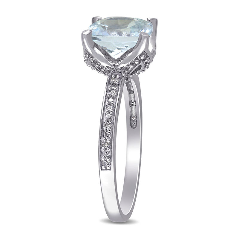 8.0mm Cushion-Cut Aquamarine and 0.06 CT. T.W. Diamond Beaded Floral-Set Ring 10K White Gold