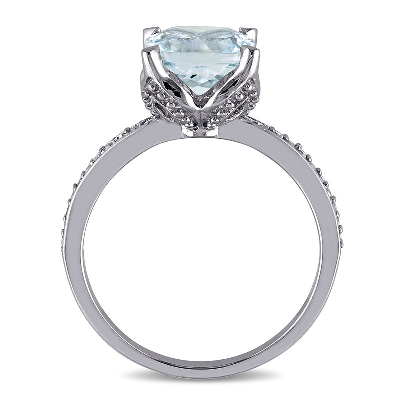 8.0mm Cushion-Cut Aquamarine and 0.06 CT. T.W. Diamond Beaded Floral-Set Ring 10K White Gold