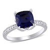 Thumbnail Image 1 of 8.0mm Cushion-Cut Lab-Created Blue Sapphire and 0.06 CT. T.W. Diamond Beaded Floral-Set Ring in 10K White Gold