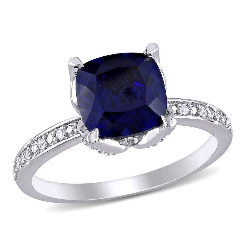 8.0mm Cushion-Cut Lab-Created Blue Sapphire and 0.06 CT. T.W. Diamond Beaded Floral-Set Ring in 10K White Gold