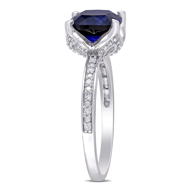 Main Image 3 of 8.0mm Cushion-Cut Lab-Created Blue Sapphire and 0.06 CT. T.W. Diamond Beaded Floral-Set Ring in 10K White Gold