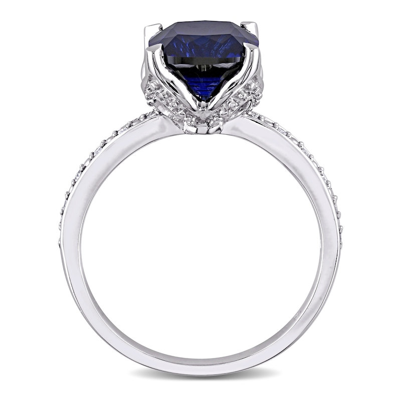 Main Image 4 of 8.0mm Cushion-Cut Lab-Created Blue Sapphire and 0.06 CT. T.W. Diamond Beaded Floral-Set Ring in 10K White Gold