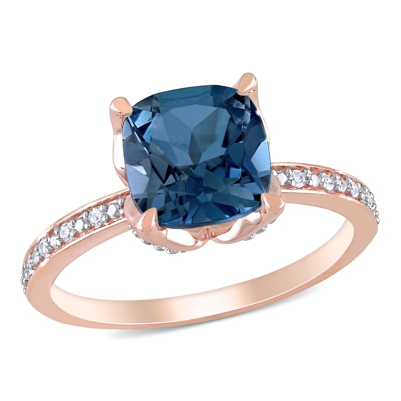 Main Image 1 of 8.0mm Cushion-Cut London Blue Topaz and 0.06 CT. T.W. Diamond Beaded Floral-Set Ring in 10K Rose Gold