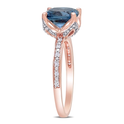 8.0mm Cushion-Cut London Blue Topaz and 0.06 CT. T.W. Diamond Beaded Floral-Set Ring in 10K Rose Gold